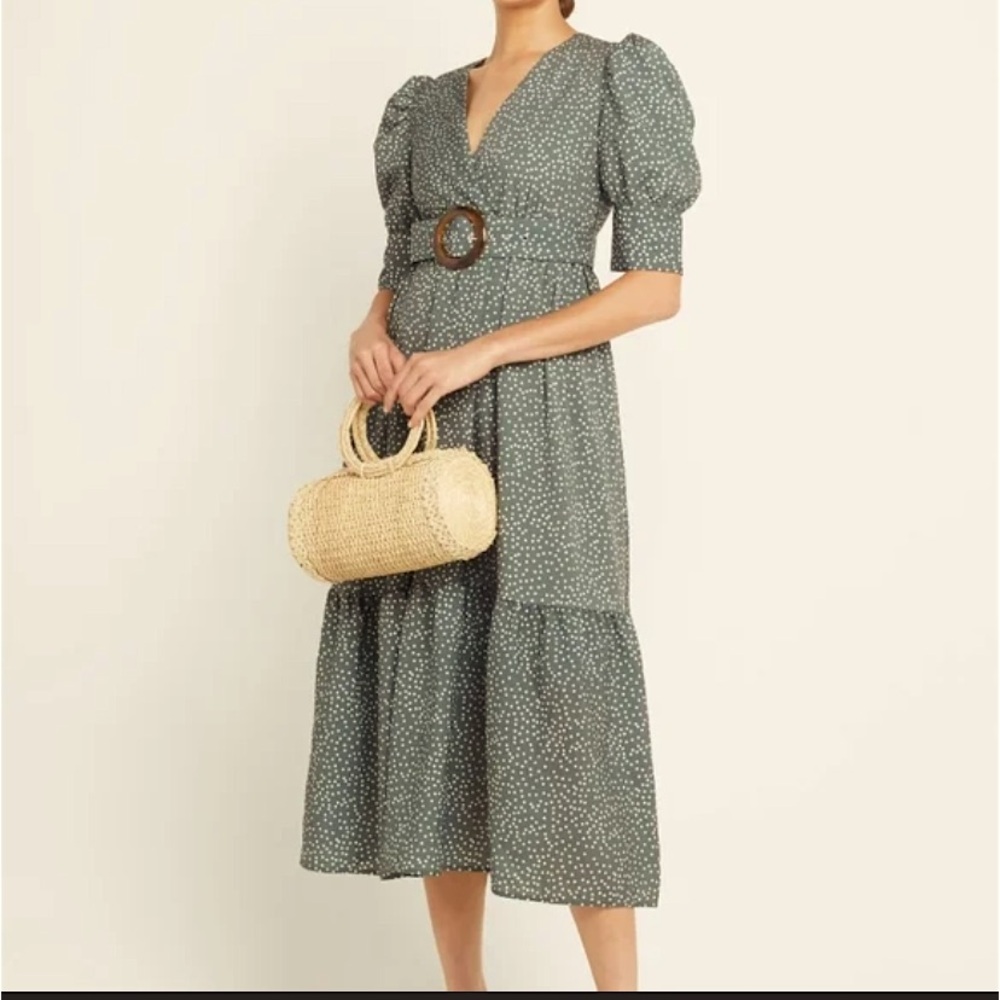 OPT sage Green and white Polkadot tiered maxi dress, woman’s size large dress
